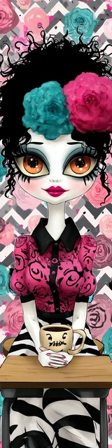 Free teacher bookmark featuring a gothic teacher at a desk with coffee